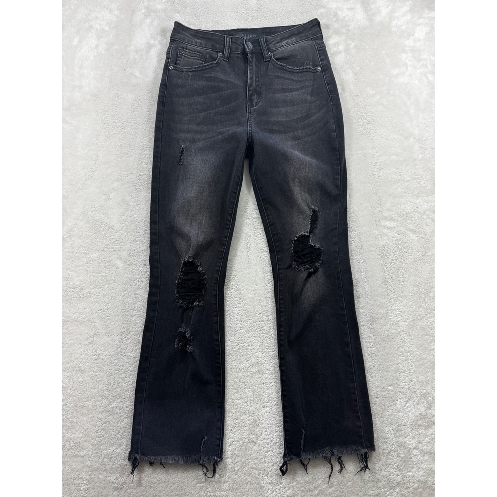 Risen Womens Distressed Raw Hem Black Flare Jeans 26/3 Meas: 25x25.5